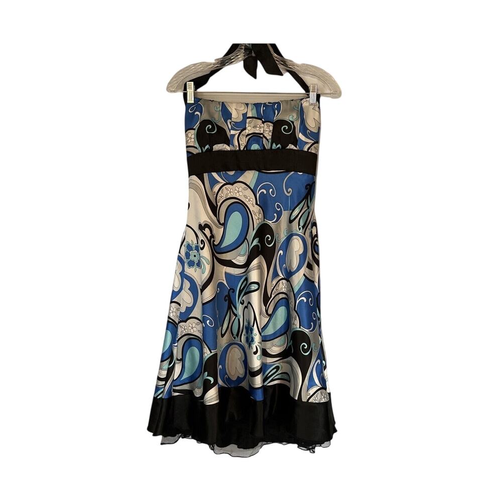 Trisesci Dress Size 13 Blue Black Paisley Satin Taffeta  Tulle Halter Vintage